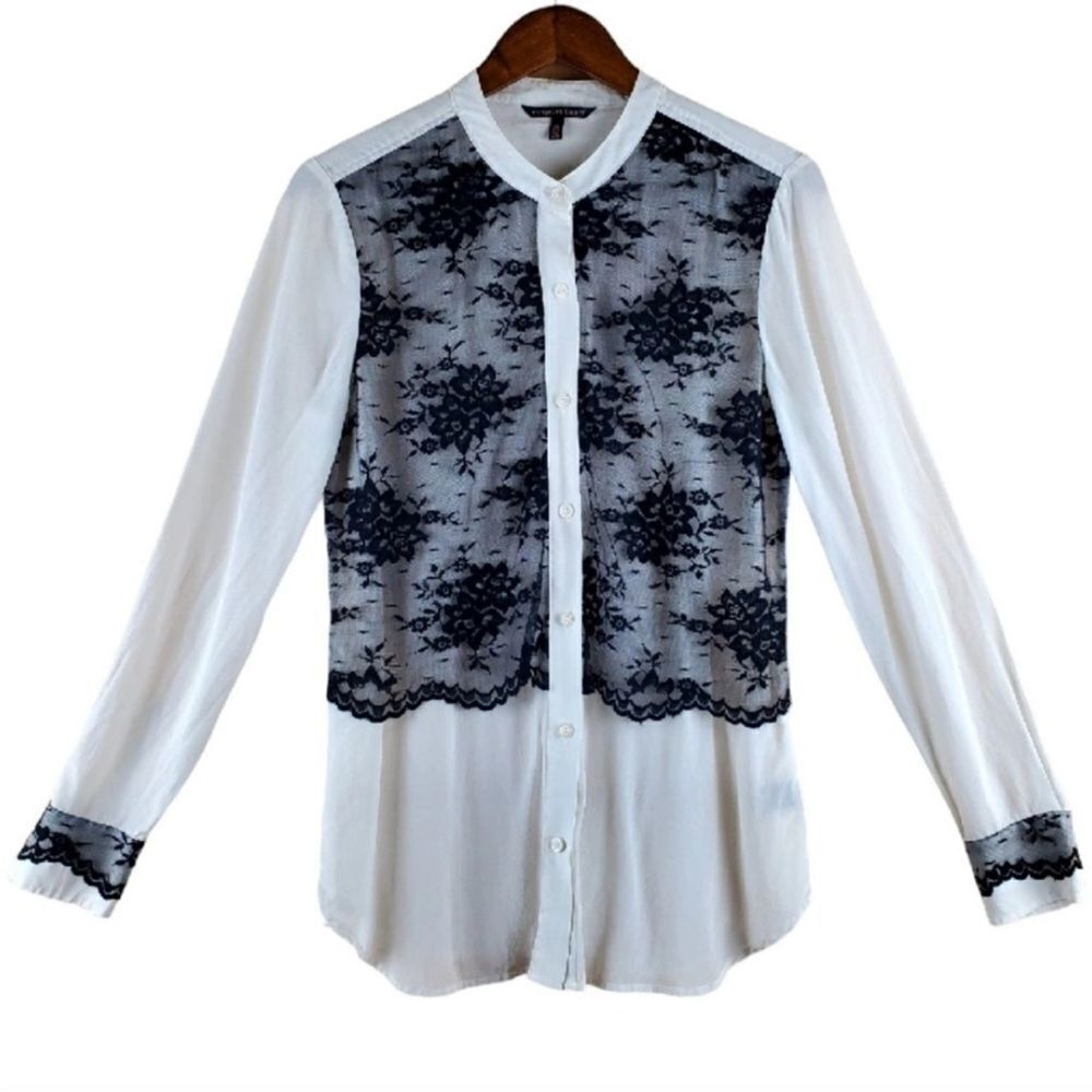 VICTORIA'S SECRET black lace white 100% Silk Button-Down Blouse long sleeve S